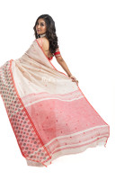 Off White Handloom Khadi Cotton Saree With Contrast Color Butta Work On All Over Base And Red Pallu With Butta Work (KR2214)